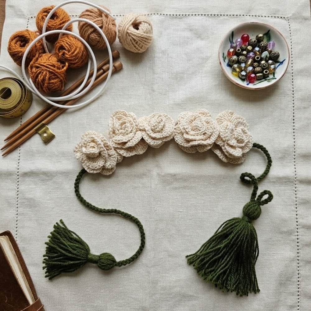 Handcrafted Cream Floral Headband/hair Bun Wrap with Green Tassels